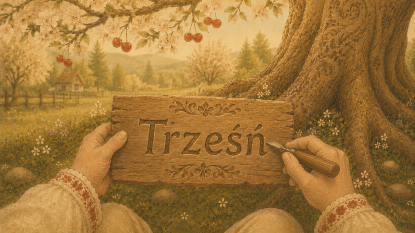 Rzeźbiony napis Trześń